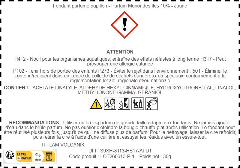 Fondant parfumé papillon CLP parfum monoï des îles. Non libre de droit.